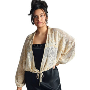 NWT Anthropologie Cardigan Sweater 1X Beige Cropped Lace Open-Knit Tie-Front